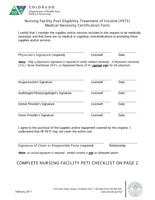 Nursing Facility Post Eligibility Treatment of Income (Peti) Medical Necessity Certification Form - Colorado Download Pdf