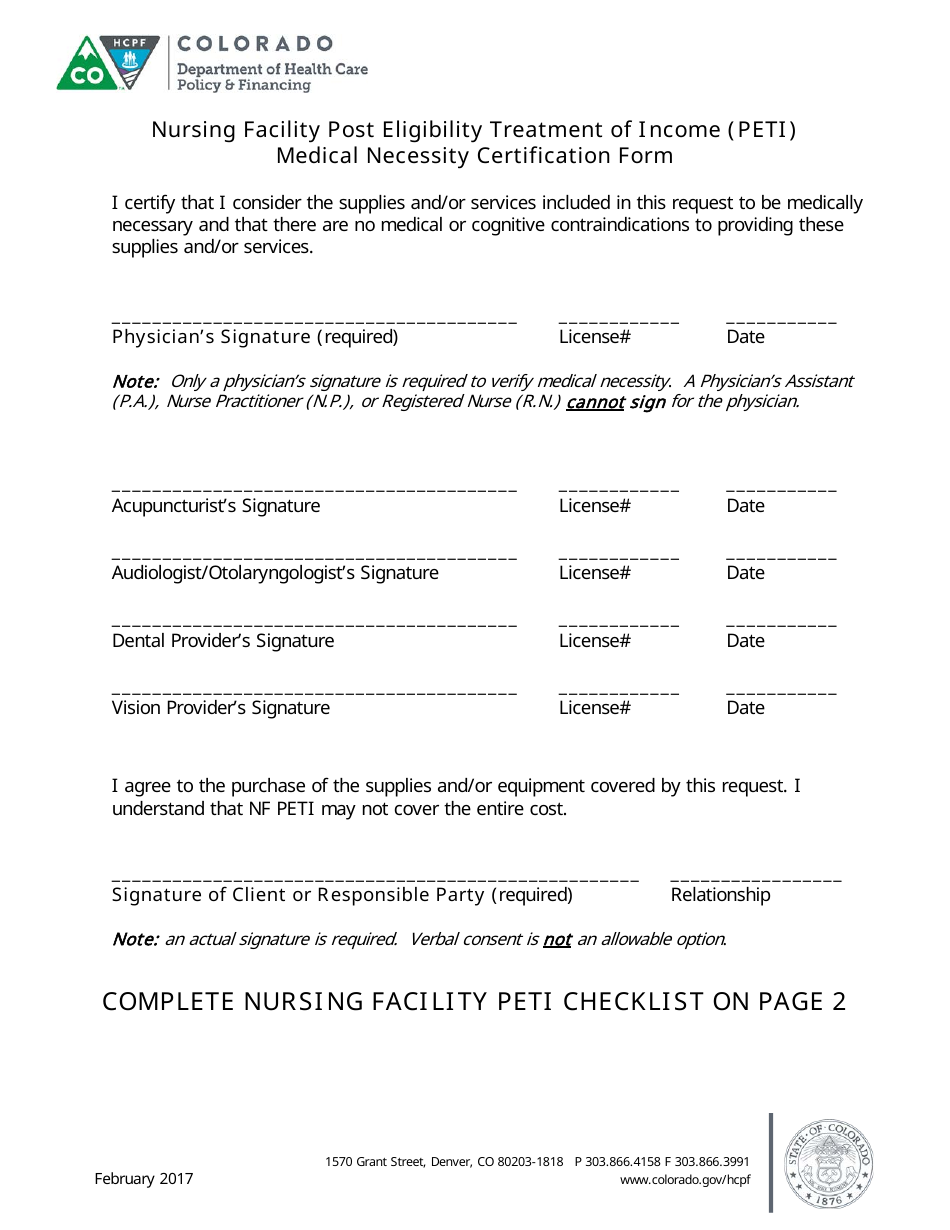 Nursing Facility Post Eligibility Treatment of Income (Peti) Medical Necessity Certification Form - Colorado, Page 1