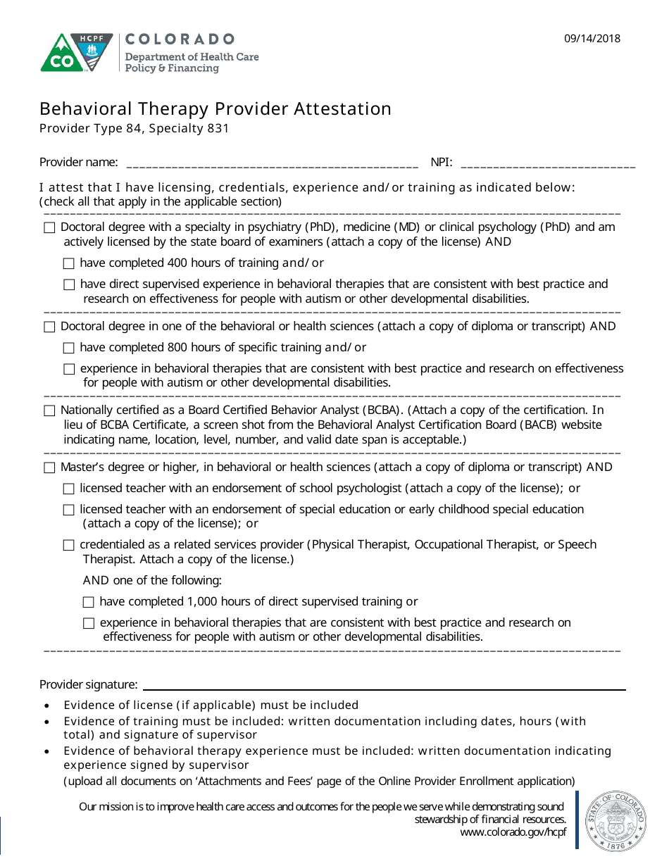 Behavioral Therapy Provider Attestation Form - Colorado, Page 1