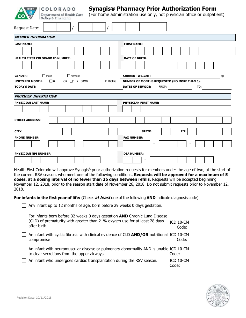Synagis Pharmacy Prior Authorization Form - Colorado, Page 1