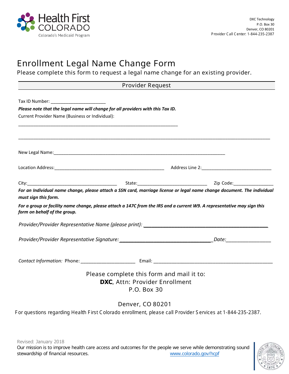 Enrollment Legal Name Change Form - Colorado, Page 1