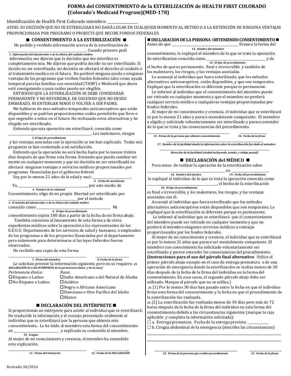Formulario MED-178 Forma Del Consentimiento De La Esterilizacion De Health First Colorado - Colorado (Spanish), Page 1