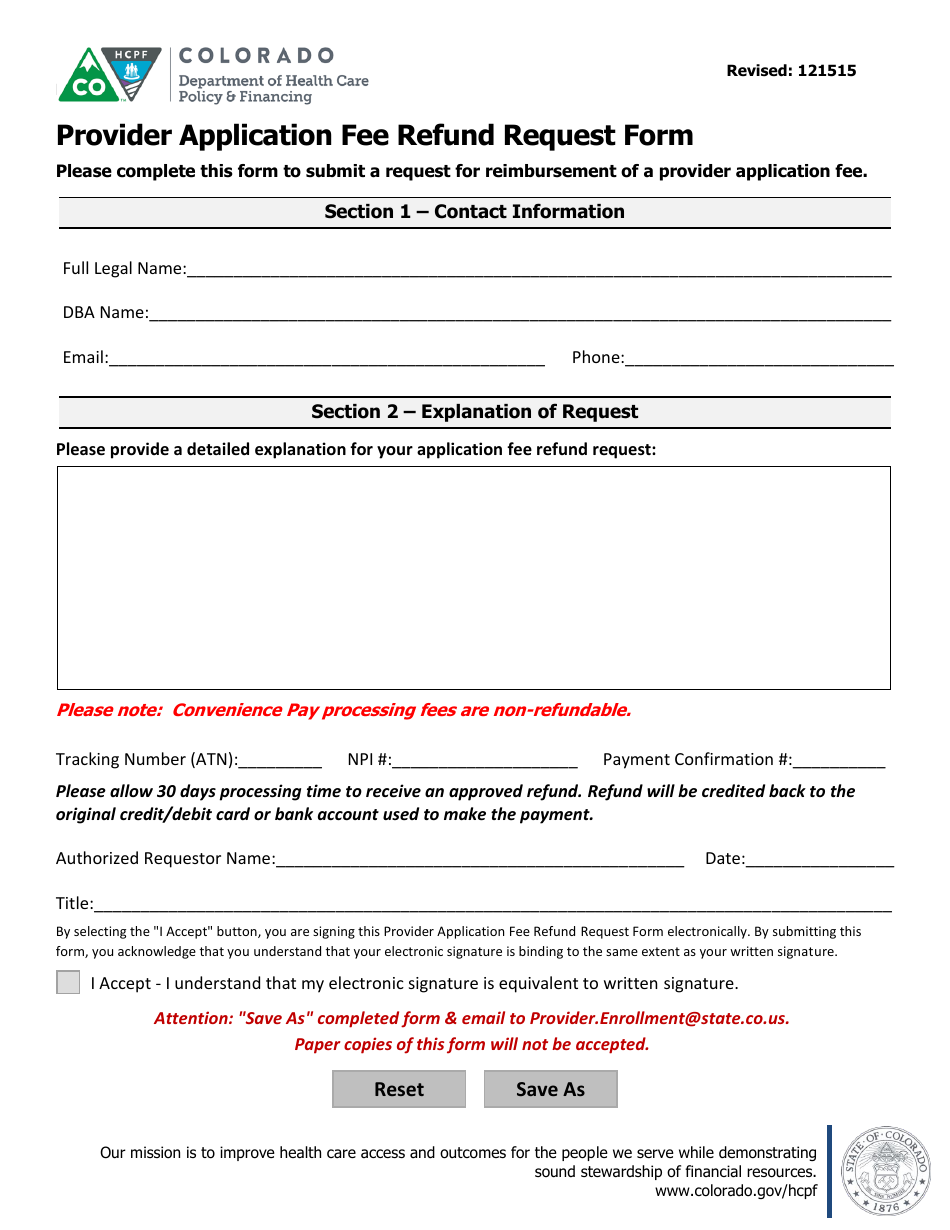 Provider Application Fee Refund Request Form - Colorado, Page 1
