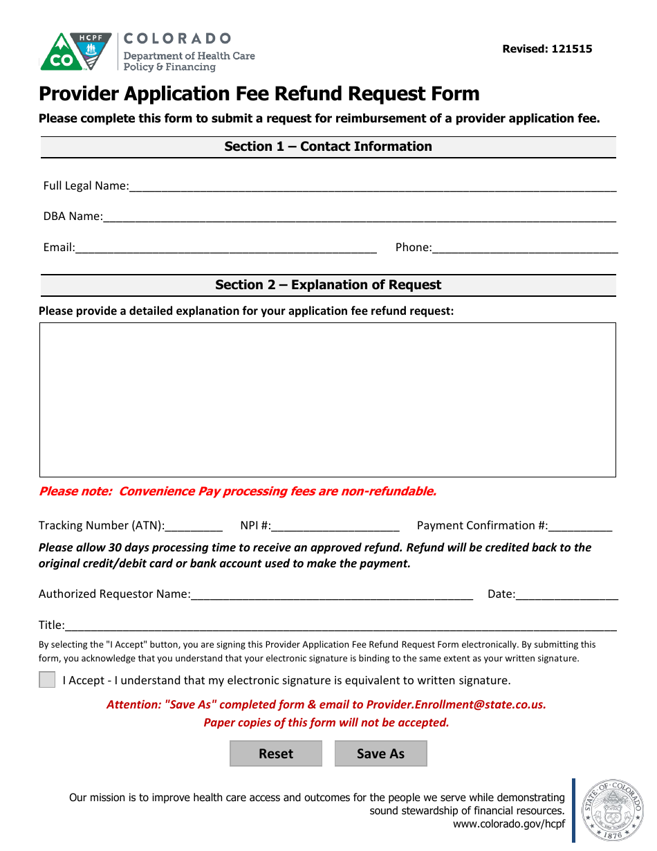 Colorado Provider Application Fee Refund Request Form Download Fillable