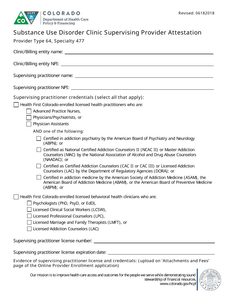 Substance Use Disorder Clinic Supervising Provider Attestation Form - Colorado, Page 1