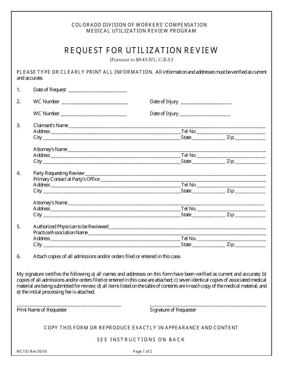 Form WC131 Request for Utilization Review - Colorado, Page 1