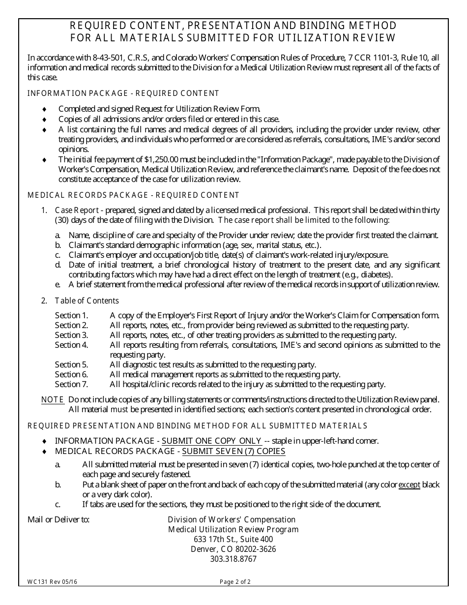 Form WC131 Request for Utilization Review - Colorado, Page 2