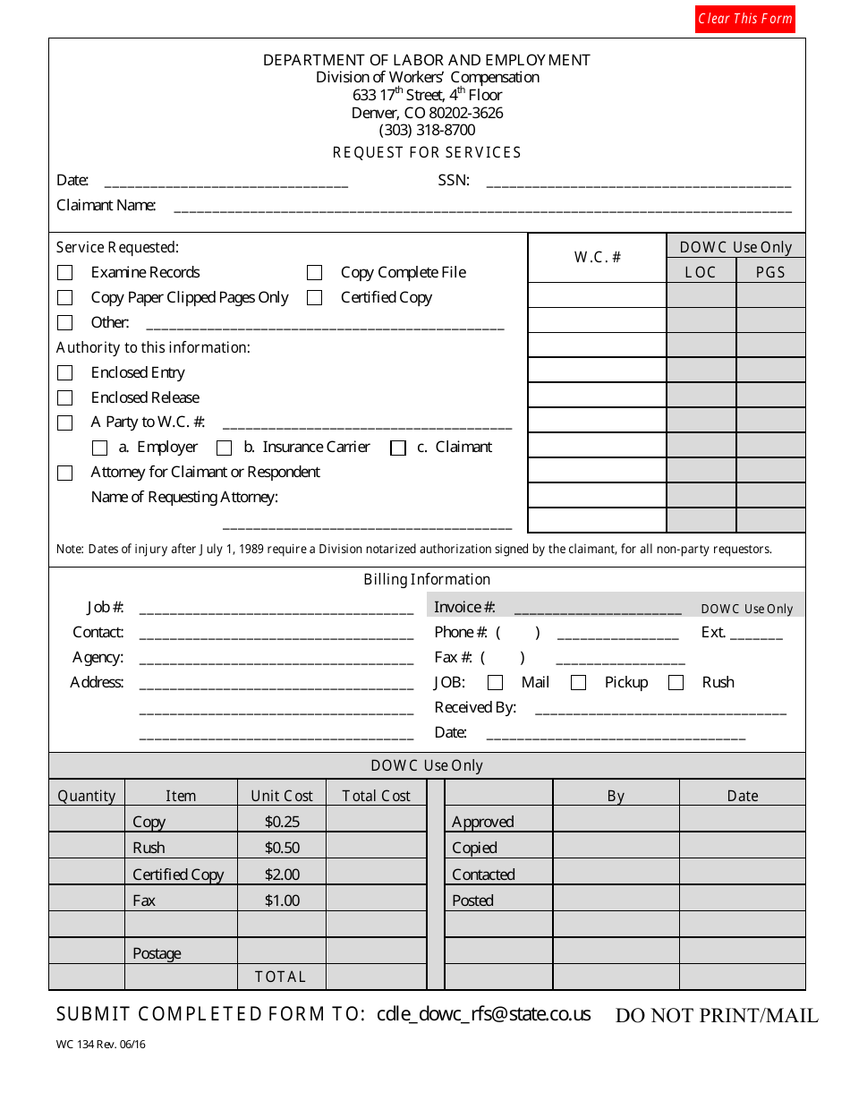 Form WC134 Request for Services - Colorado, Page 1