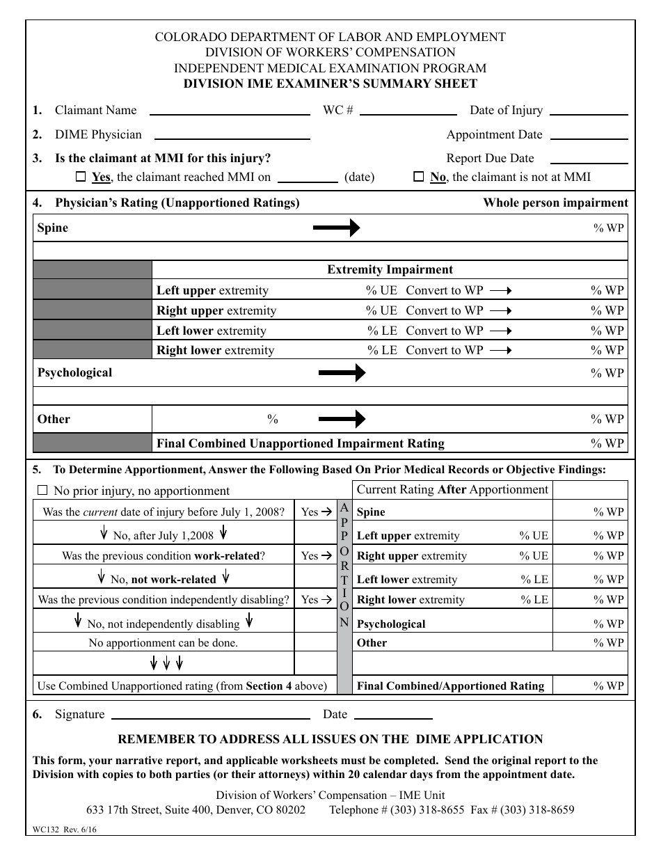 Form WC132 Division Ime Examiners Summary Sheet - Colorado, Page 1
