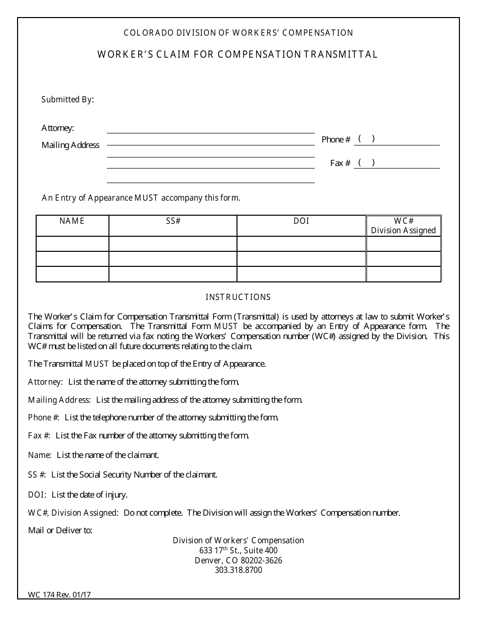 Form WC174 Workers Claim for Compensation Transmittal - Colorado, Page 1