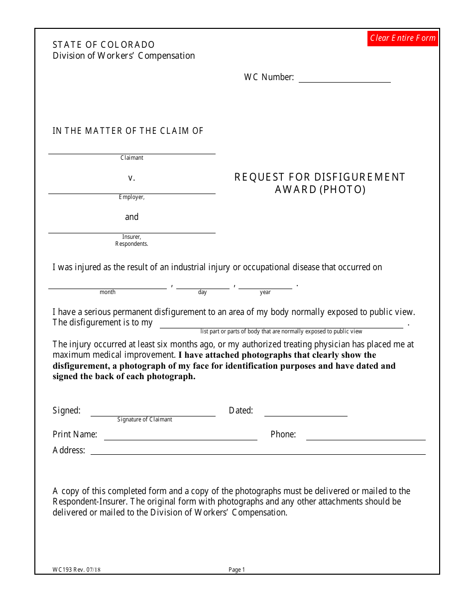 Form WC193 Request for Disfigurement Award (Photo) - Colorado, Page 1