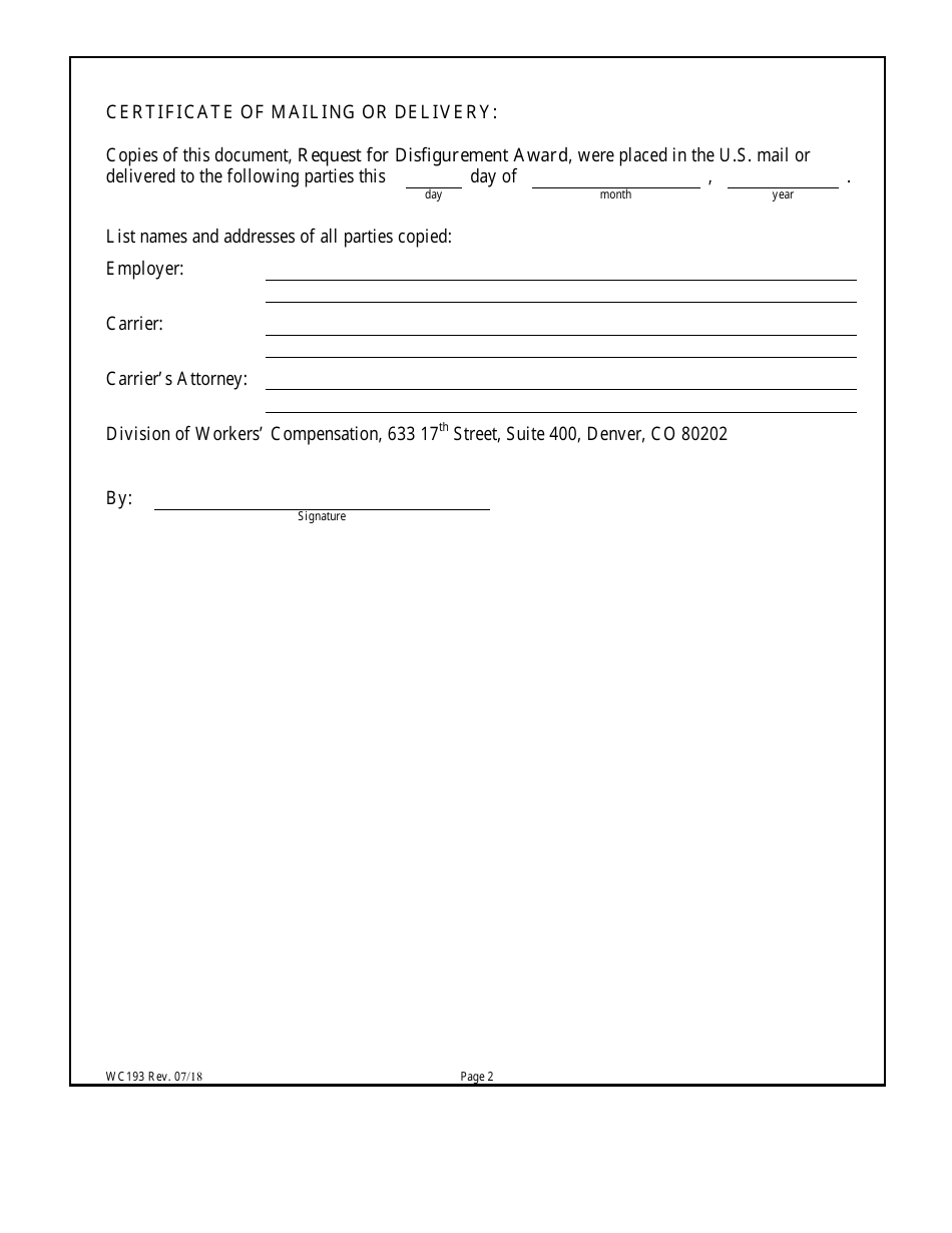 Form WC193 Request for Disfigurement Award (Photo) - Colorado, Page 2