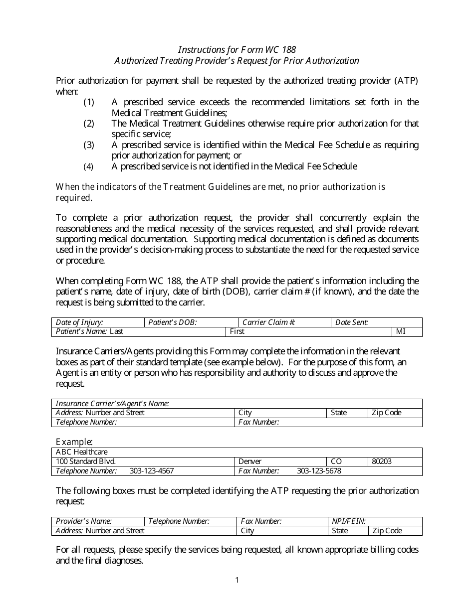 Form WC188 Authorized Treating Providers Request for Prior Authorization - Colorado, Page 1