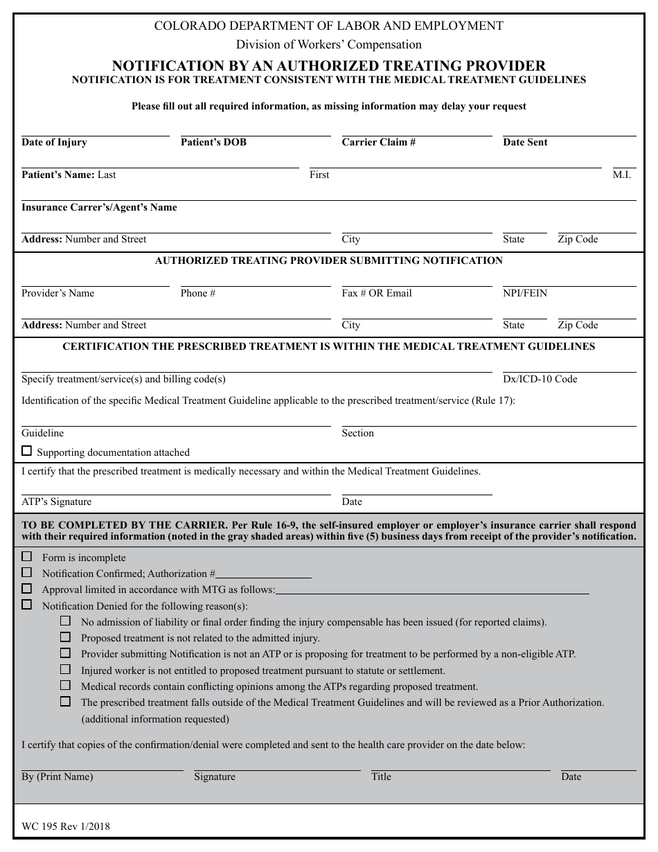 Form WC195 Notification by an Authorized Treating Provider - Colorado, Page 1