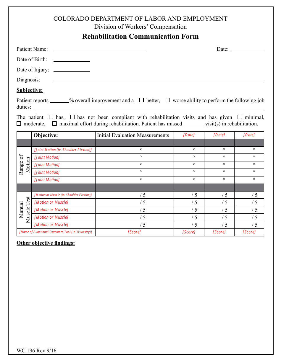 Form WC196 Rehabilitation Communication Form - Colorado, Page 1