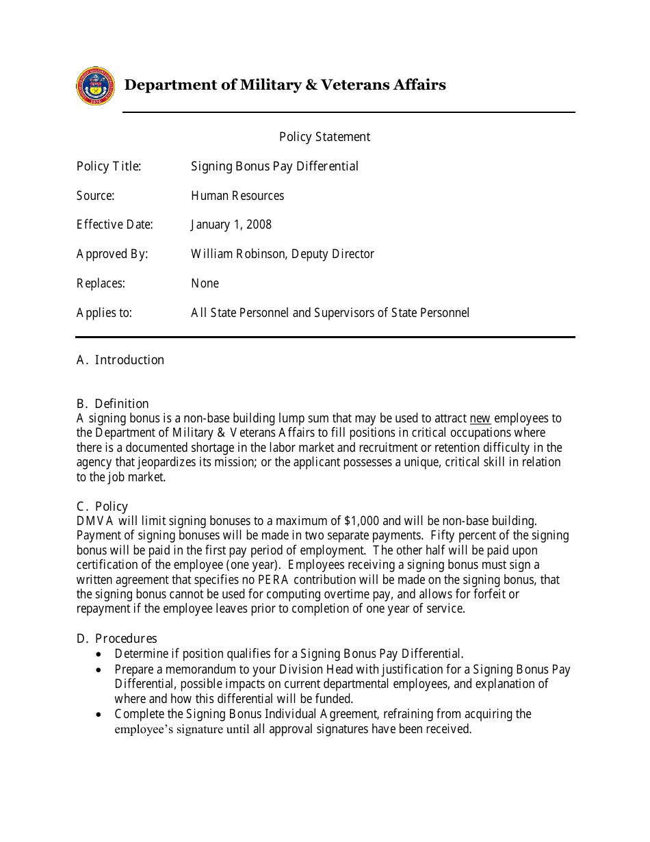 Signing Bonus Individual Agreement Form - Colorado, Page 1