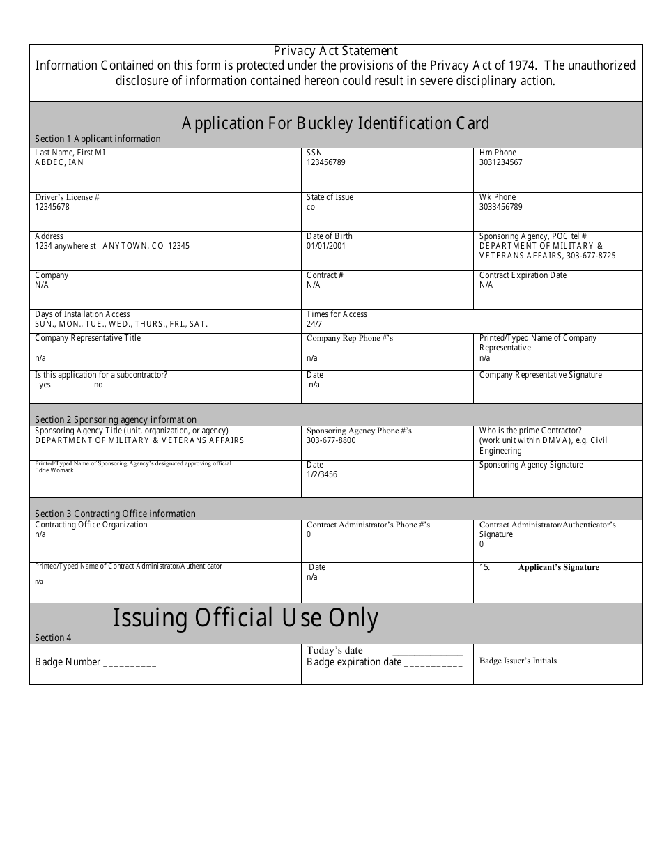 Application for Buckley Identification Card - Colorado, Page 3