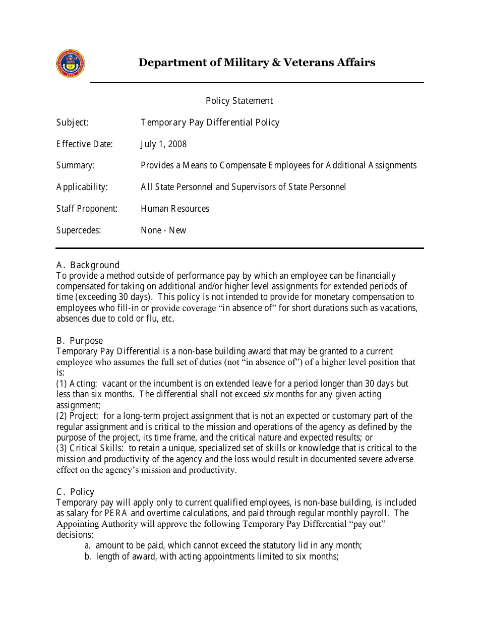 Temporary Pay Individual Agreement - Colorado, Page 1