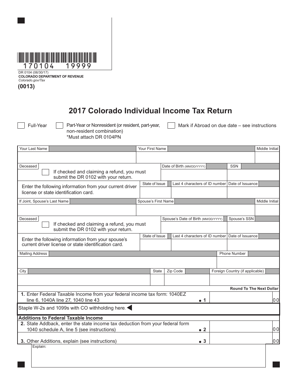 Form DR0104 Colorado Individual Income Tax Return - Colorado, Page 1