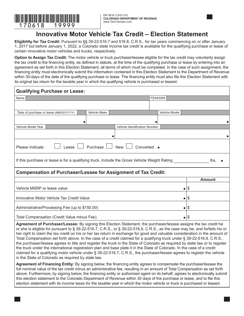 Form DR0618 Innovative Motor Vehicle Tax Credit - Election Statement - Colorado, Page 1