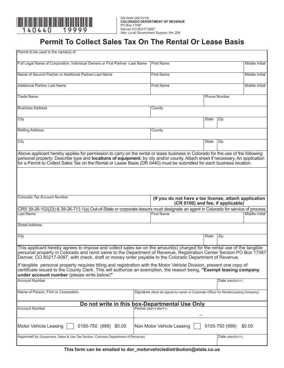 Form DR0440 Permit to Collect Sales Tax on the Rental or Lease Basis - Colorado, Page 1