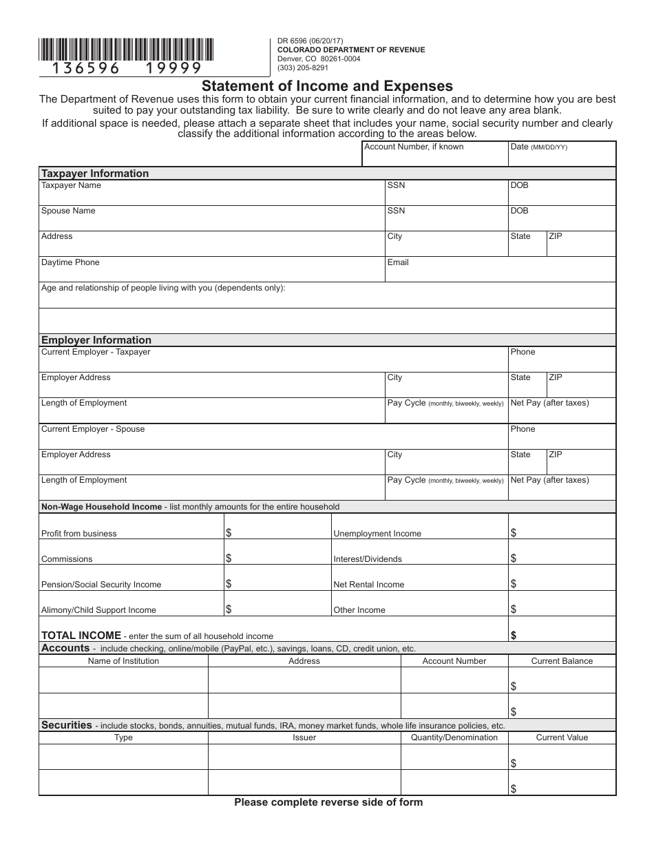 Form DR6596 Statement of Income and Expenses - Colorado, Page 1