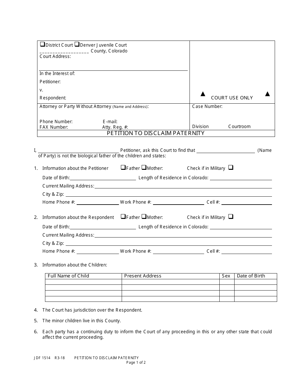 Form JDF1514 Petition to Disclaim Paternity - Colorado, Page 1