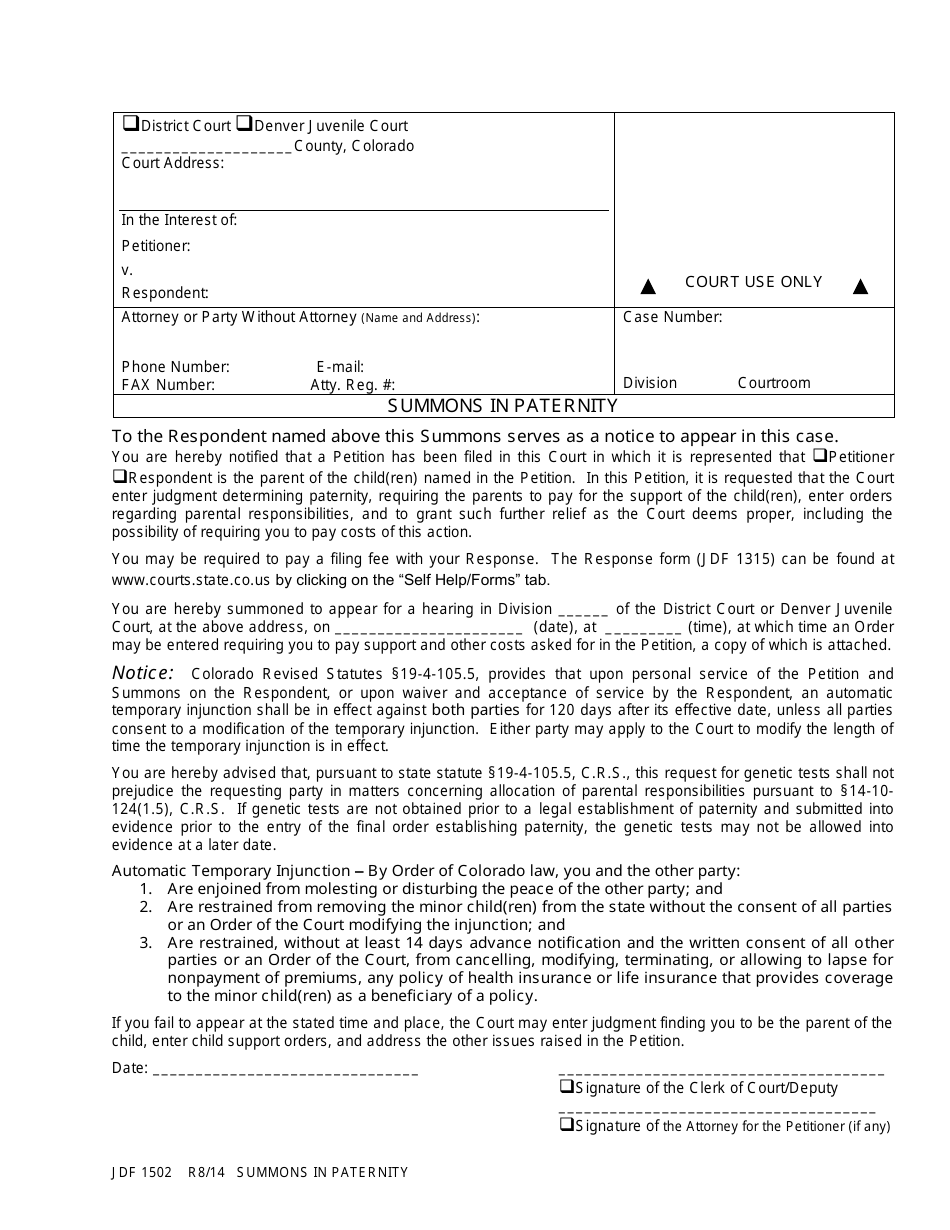 Form JDF1502 Summons in Paternity - Colorado, Page 1