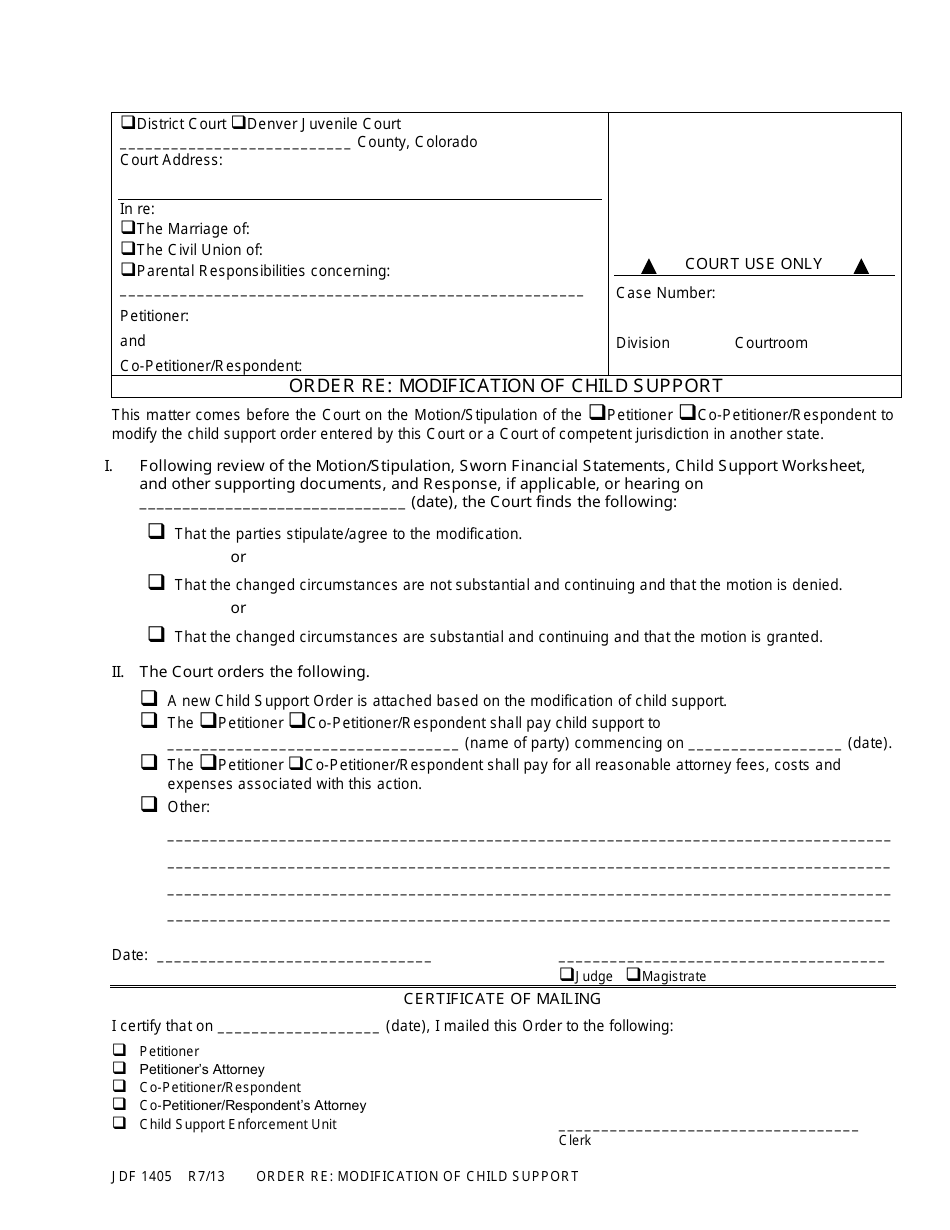 Form JDF1405 Order Re: Modification of Child Support - Colorado, Page 1