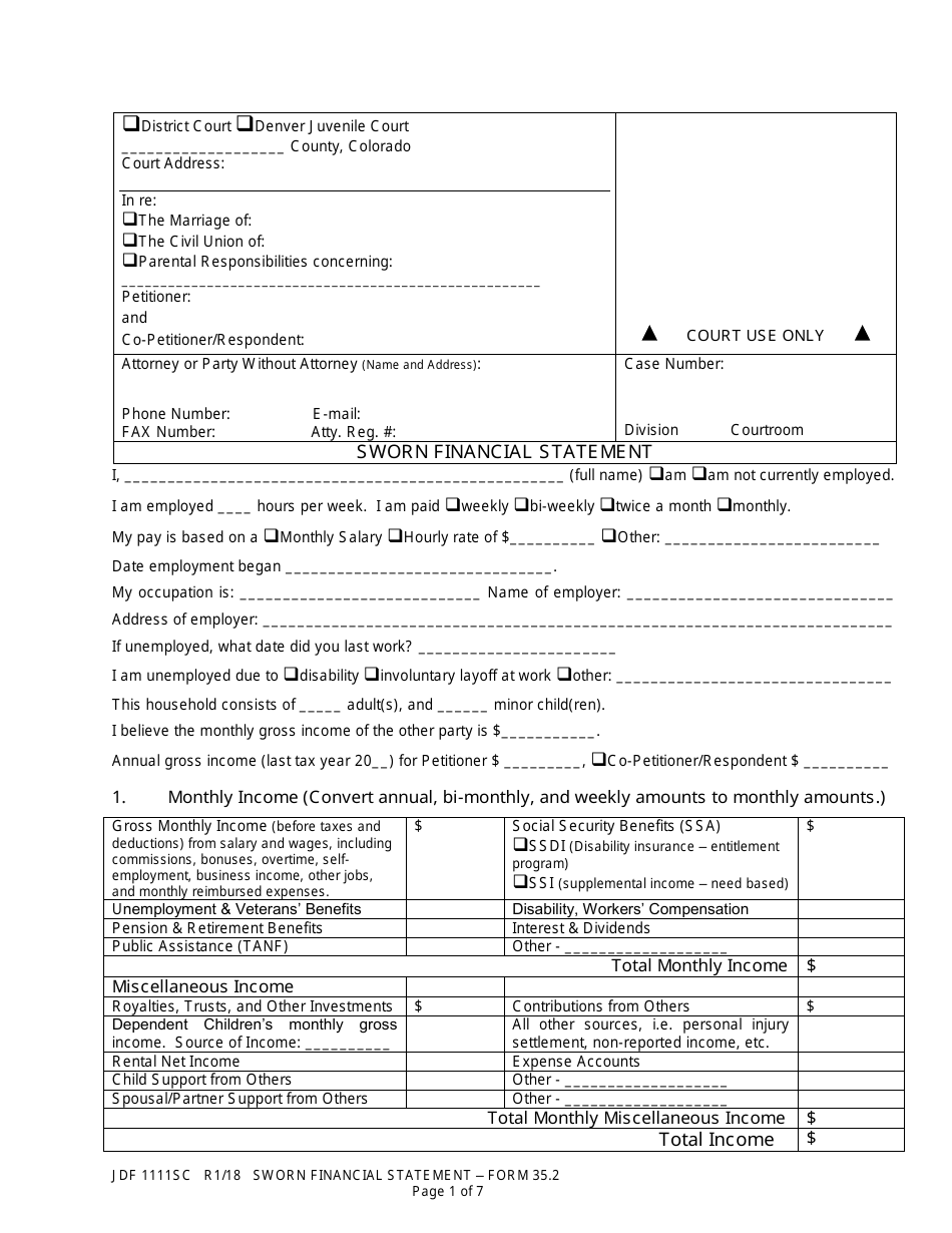 Form JDF1111SC (35.2) Sworn Financial Statement - Colorado, Page 1