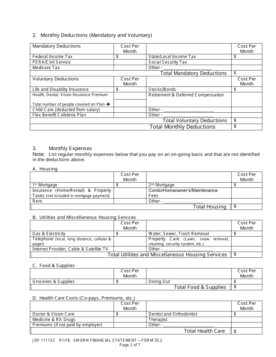 Form JDF1111SC (35.2) Sworn Financial Statement - Colorado, Page 2