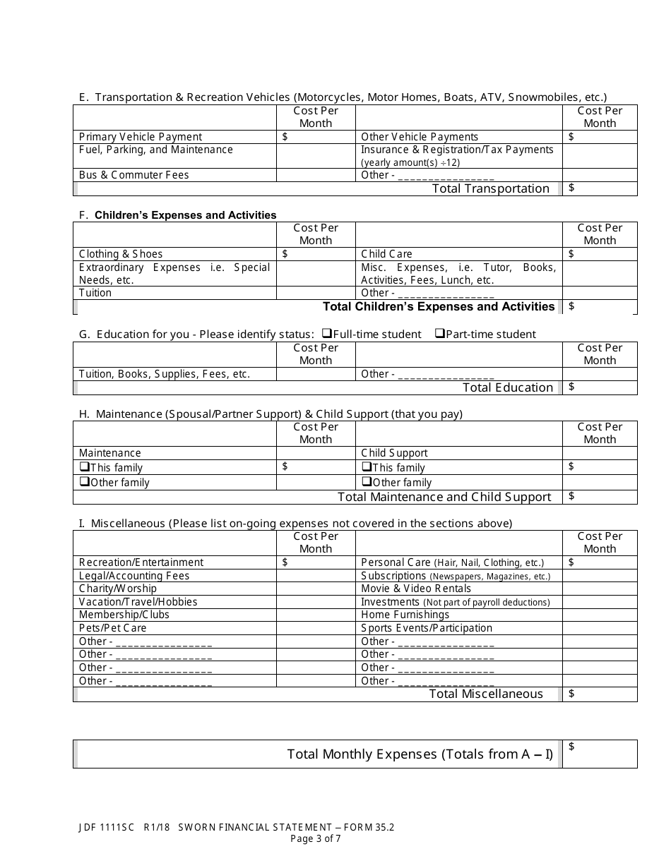 Form JDF1111SC (35.2) Sworn Financial Statement - Colorado, Page 3