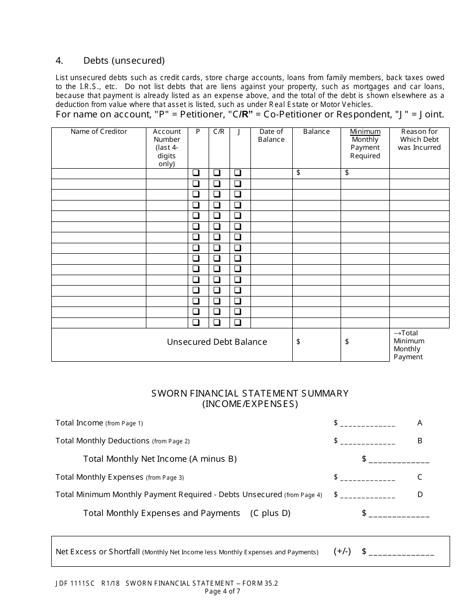 Form JDF1111SC (35.2) Sworn Financial Statement - Colorado, Page 4