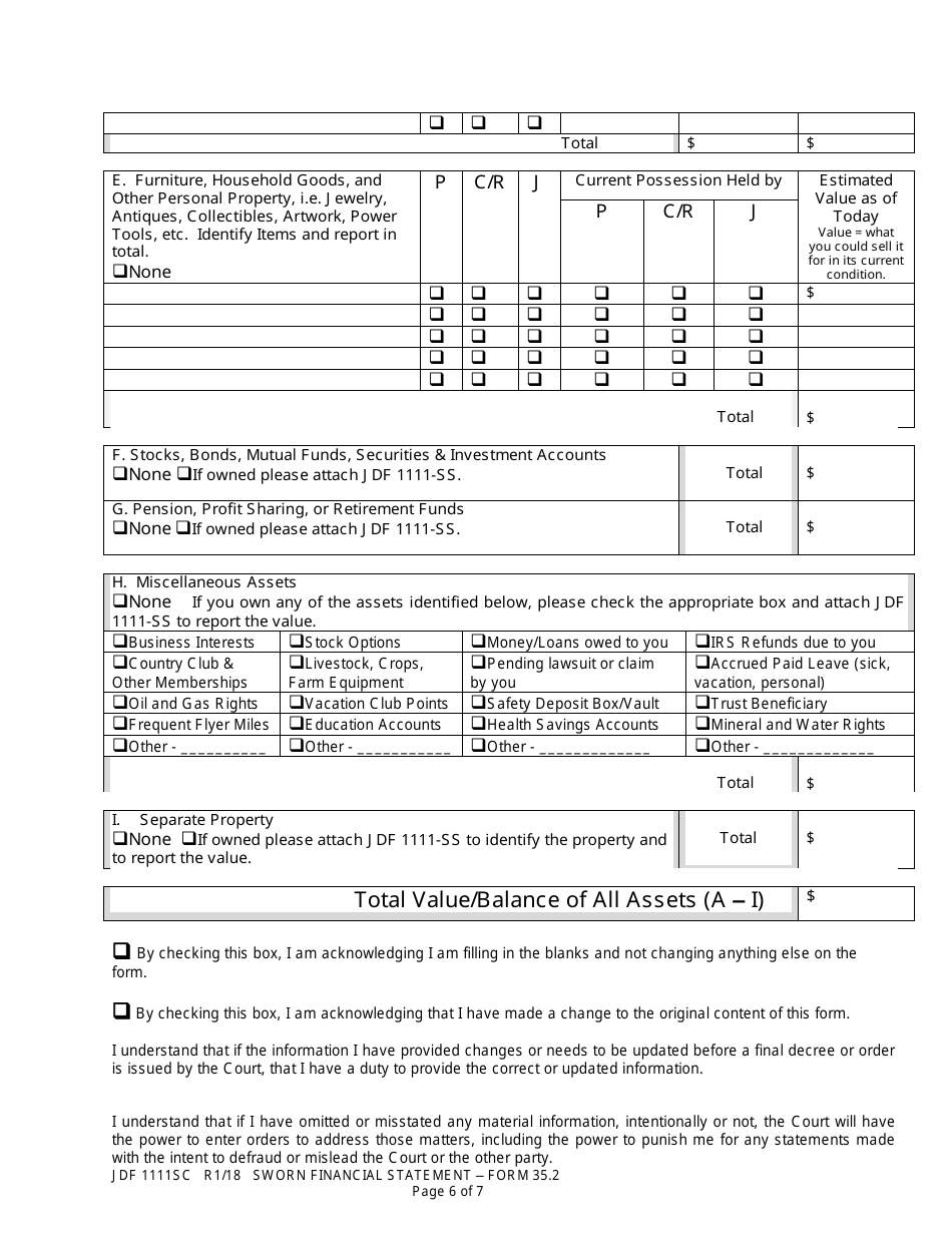 Form JDF1111SC (35.2) Sworn Financial Statement - Colorado, Page 6