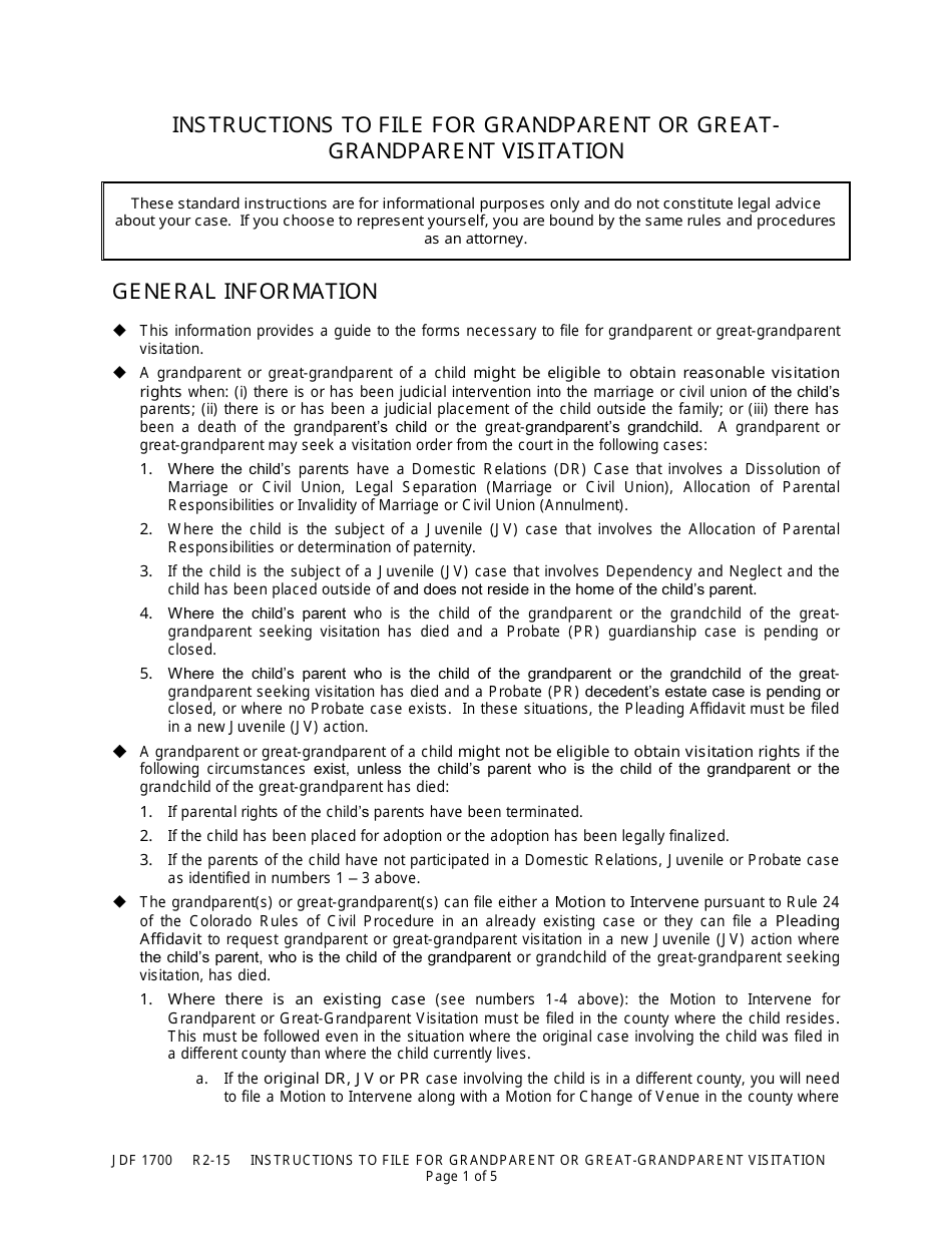 Form JDF1700 Instructions to File for Grandparent or Greatgrandparent Visitation - Colorado, Page 1