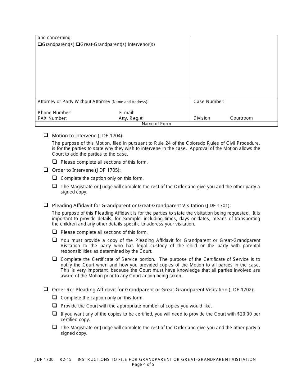 Form JDF1700 Instructions to File for Grandparent or Greatgrandparent Visitation - Colorado, Page 4