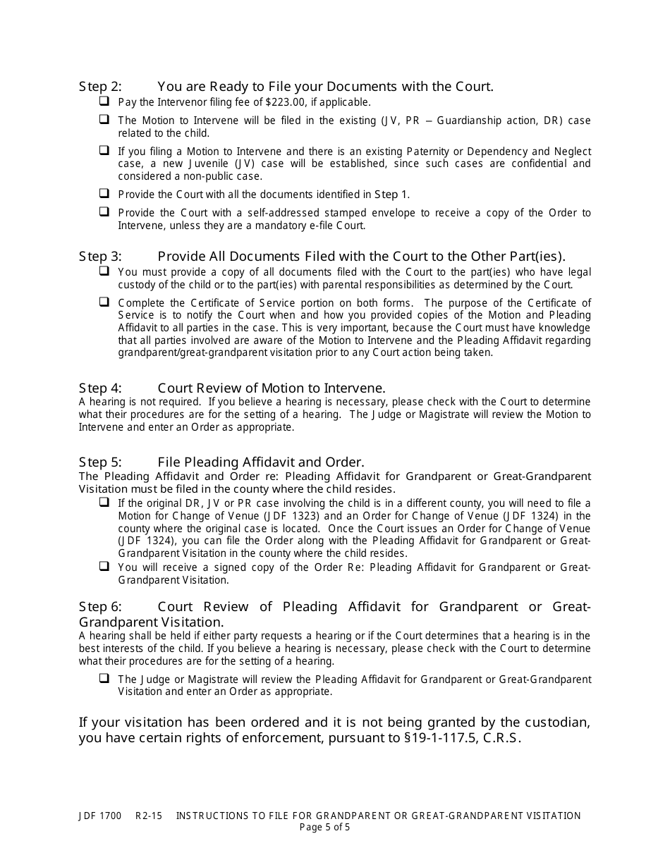 Form JDF1700 Instructions to File for Grandparent or Greatgrandparent Visitation - Colorado, Page 5