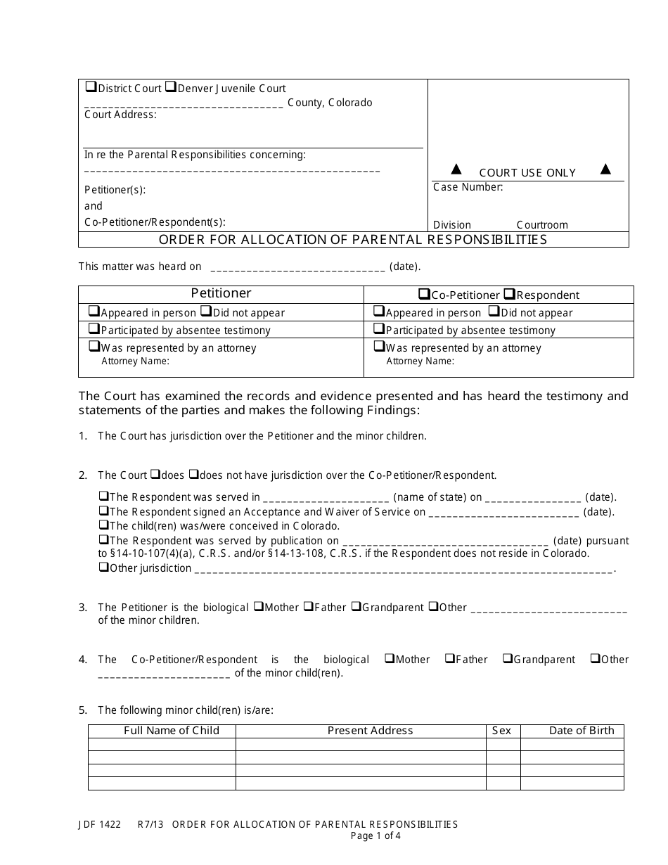 Form JDF1422 Order for Allocation of Parental Responsibilities - Colorado, Page 1