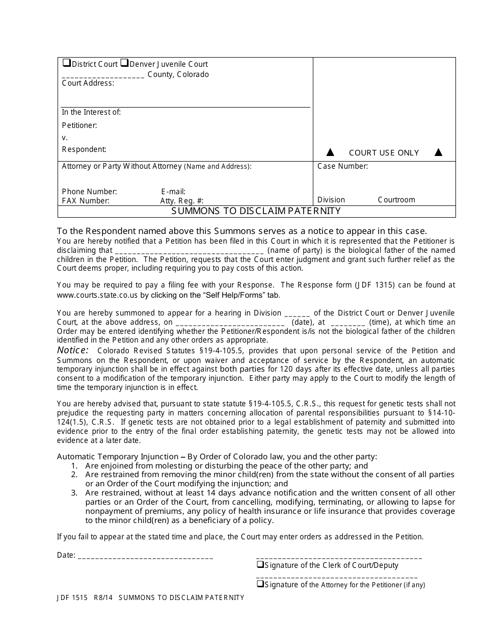 Form JDF1515 Summons to Disclaim Paternity - Colorado, Page 1