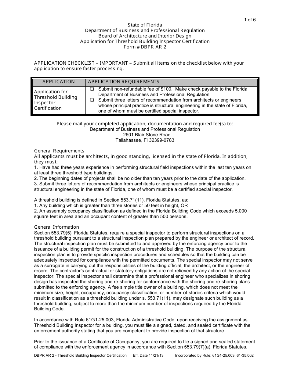 Form DBPR AR2 Application for Threshold Building Inspector Certification - Florida, Page 1