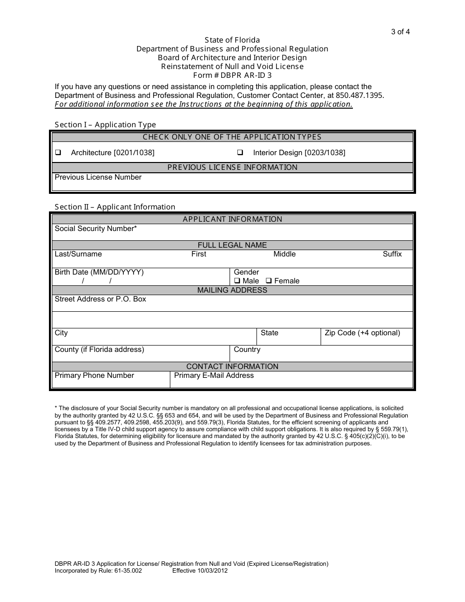 Form DBPR AR-ID3 Reinstatement of Null and Void License - Florida, Page 3
