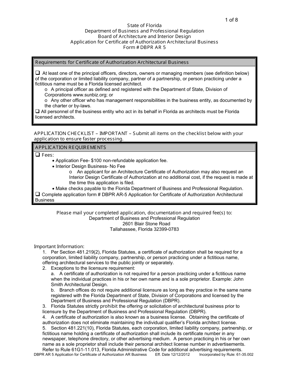 Form DBPR AR5 Application for Certificate of Authorization Architectural Business - Florida, Page 1