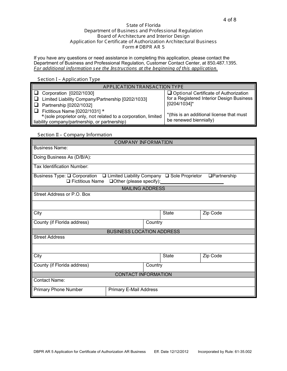 Form DBPR AR5 Application for Certificate of Authorization Architectural Business - Florida, Page 4