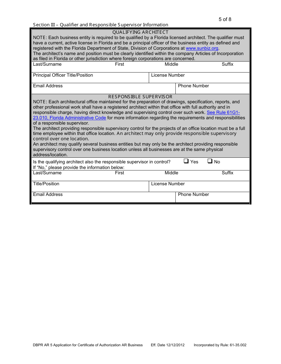 Form DBPR AR5 Application for Certificate of Authorization Architectural Business - Florida, Page 5