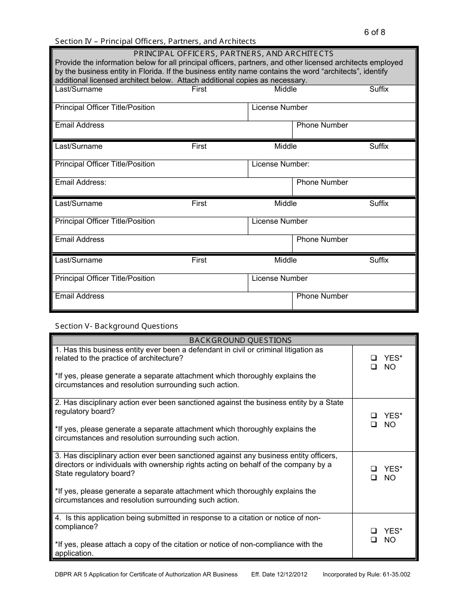 Form DBPR AR5 Application for Certificate of Authorization Architectural Business - Florida, Page 6