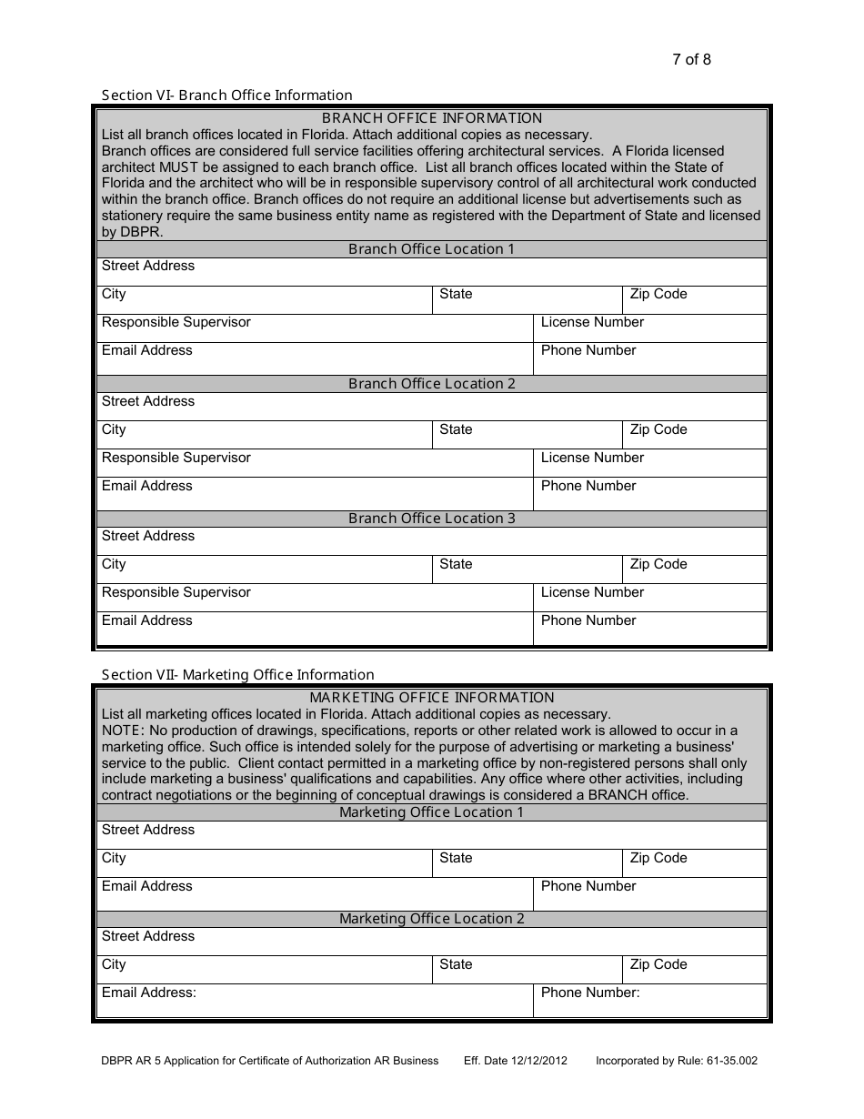 Form DBPR AR5 Application for Certificate of Authorization Architectural Business - Florida, Page 7