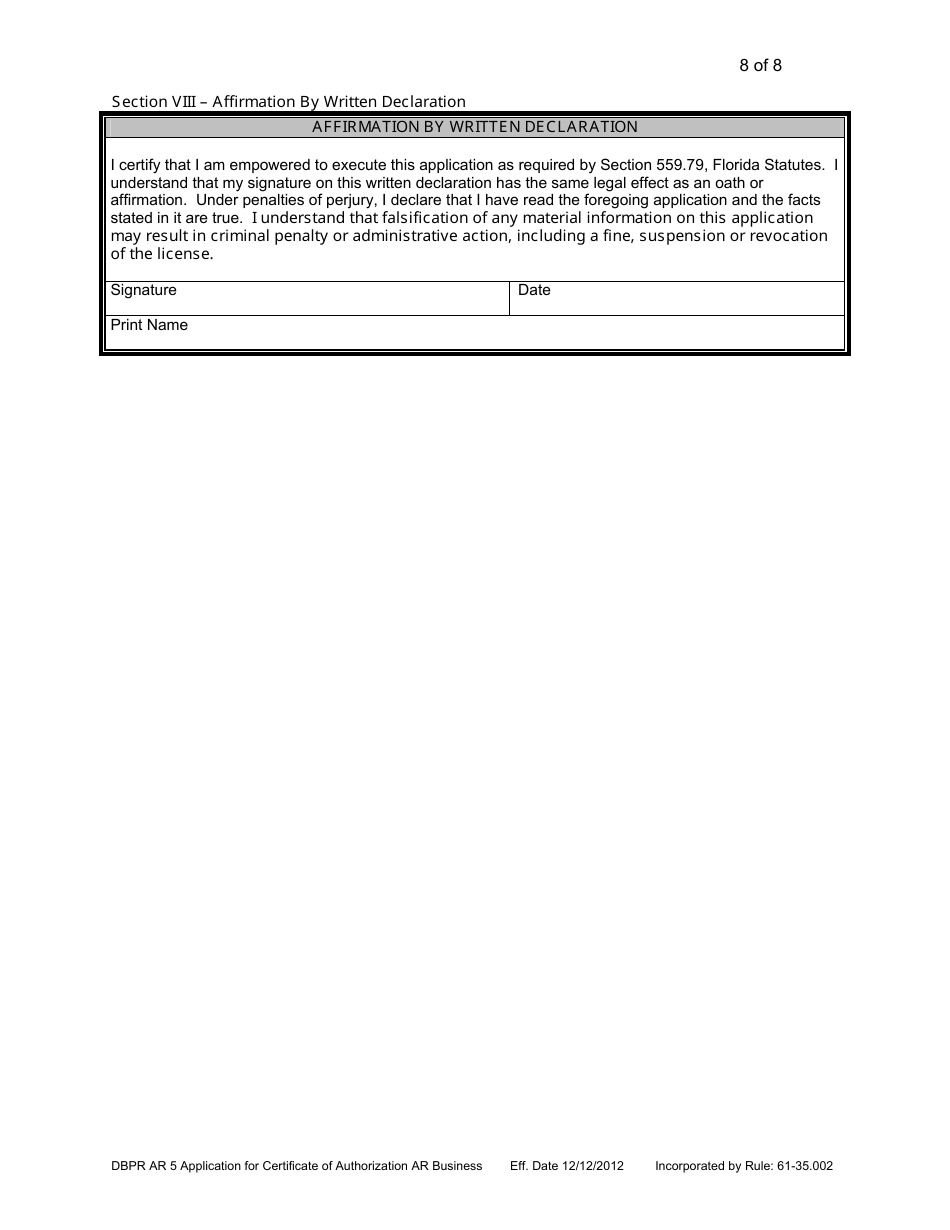 Form DBPR AR5 Application for Certificate of Authorization Architectural Business - Florida, Page 8