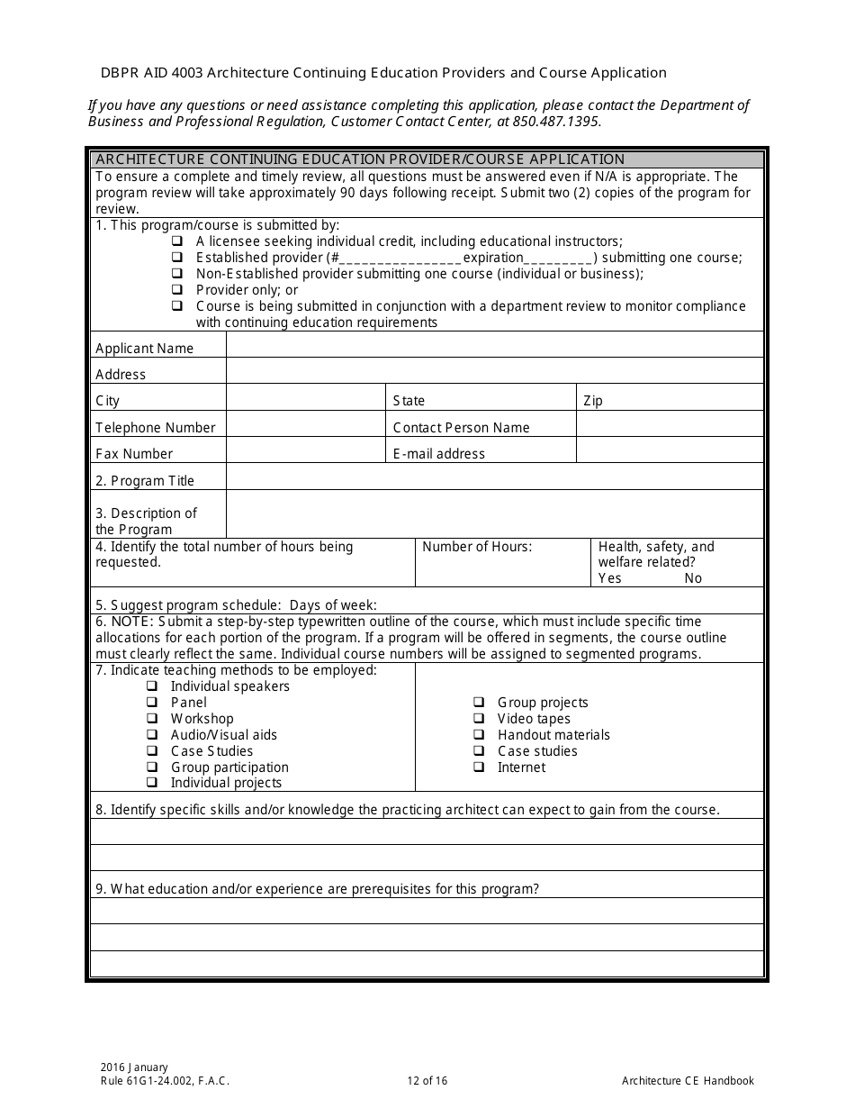 Form DBPR AID4003 Architecture Continuing Education Providers and Course Application, Page 12