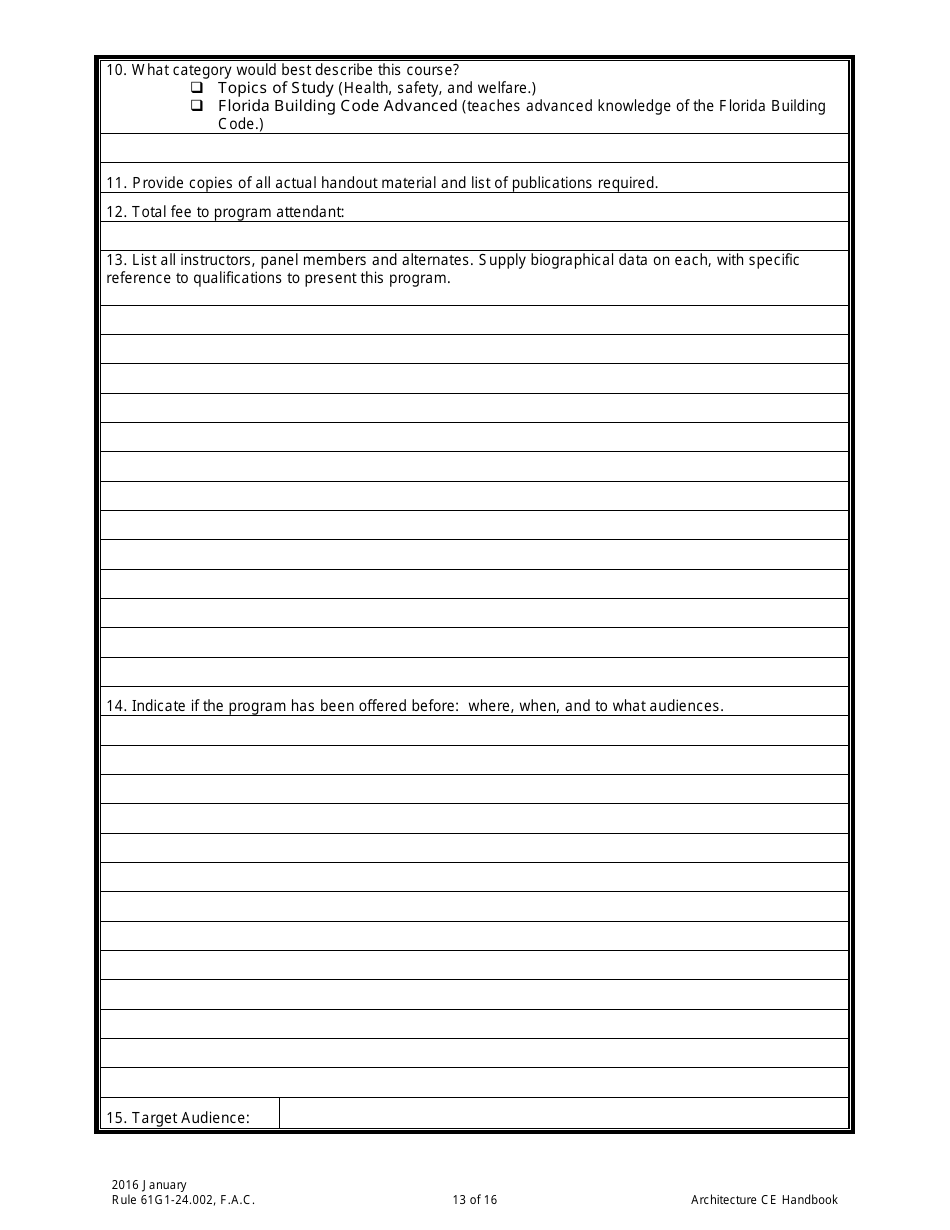 Form DBPR AID4003 Architecture Continuing Education Providers and Course Application, Page 13