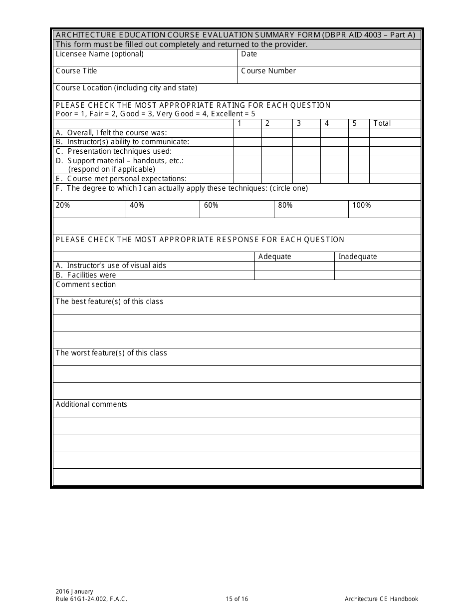 Form DBPR AID4003 Architecture Continuing Education Providers and Course Application, Page 15
